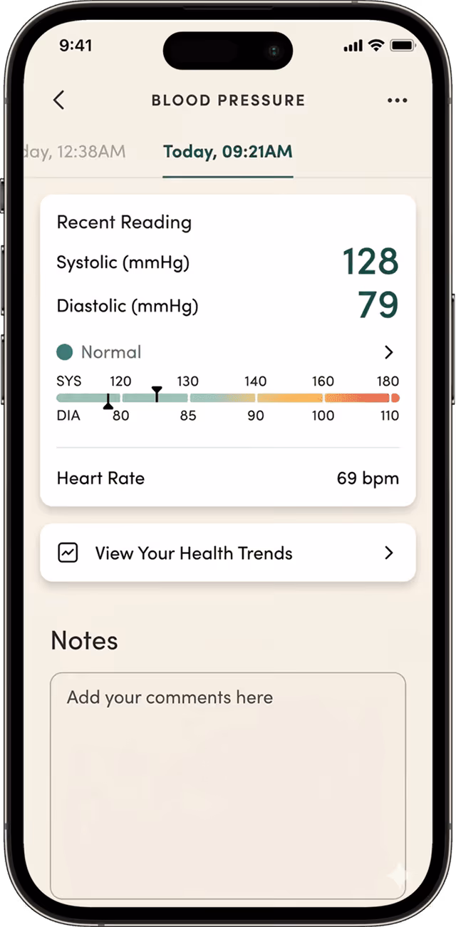 A blood pressure reading of 128 over 79 logged in the Cento Companion app