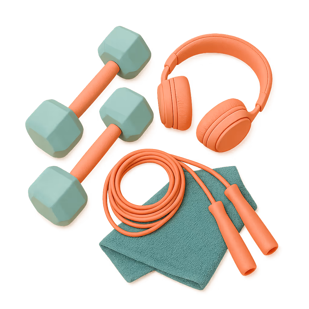 Dumbbells, a jump rope and headphones