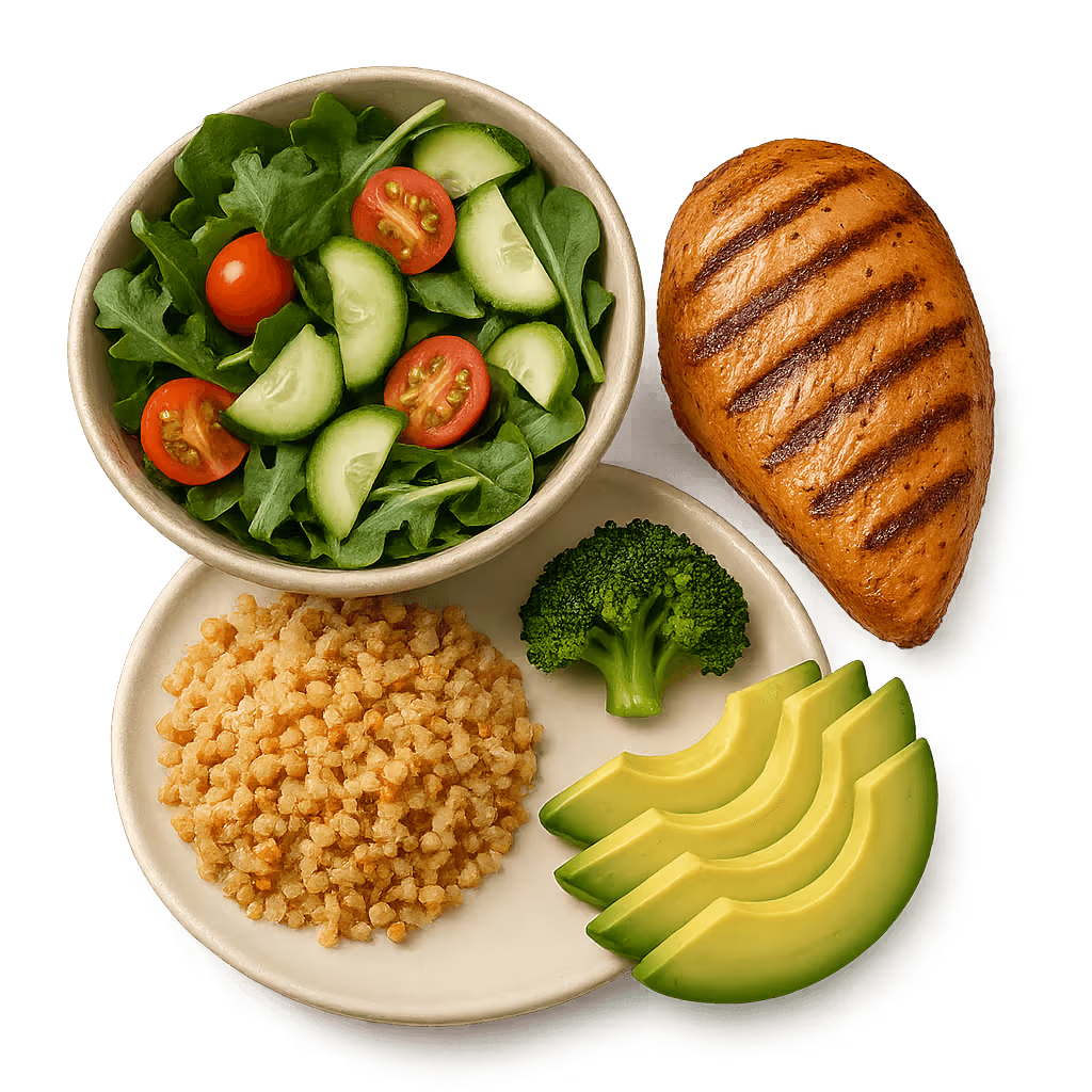 A balanced plate of vegetables, grains and chicken