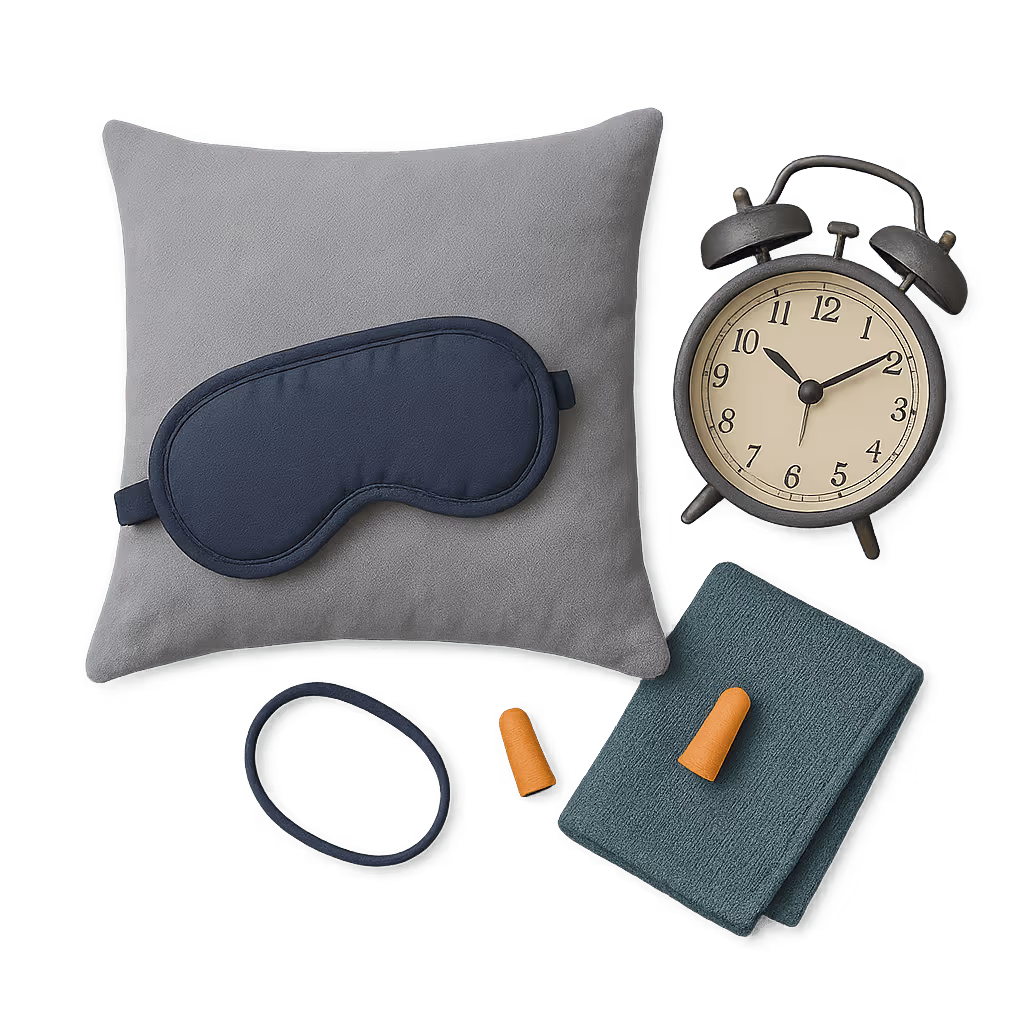 A pillow, sleep mask and alarm clock