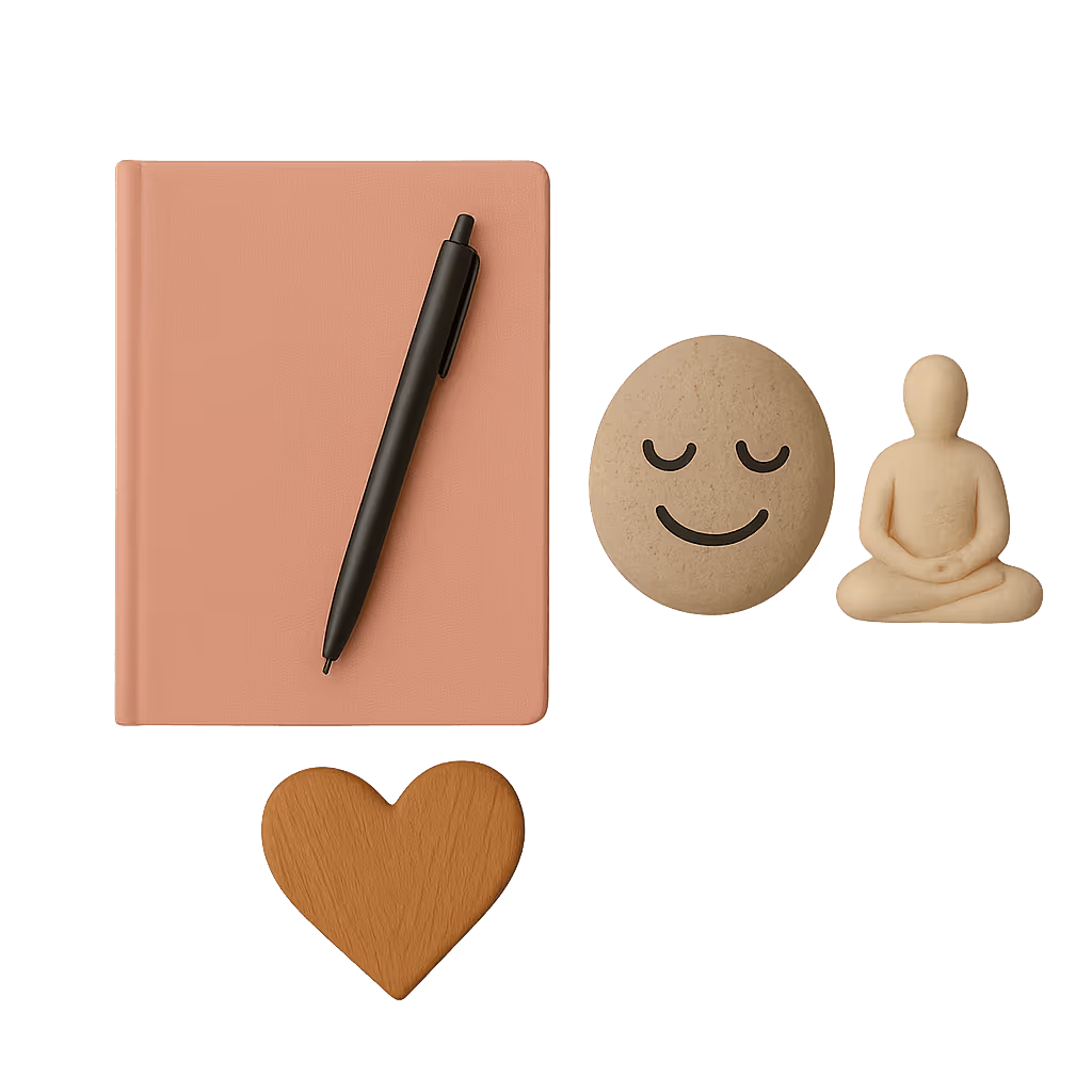 A journal, a pen and calming objects